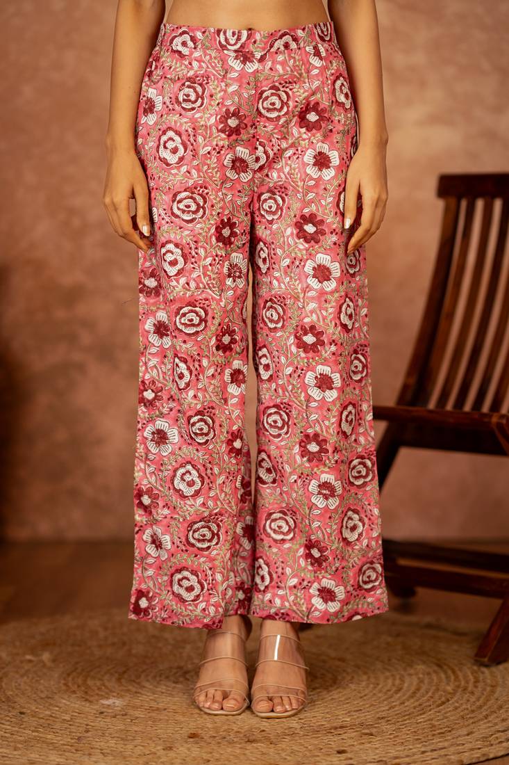 Pink hand block printed cotton suit set of 3