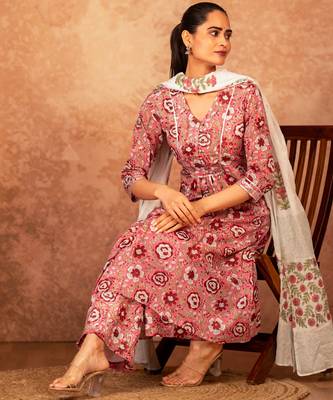 pink and off white hand block printed cotton salwar kameez 5