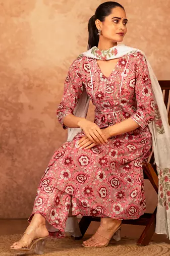 pink and off white hand block printed cotton salwar kameez