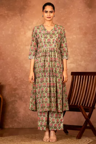green and pink hand block printed cotton salwar kameez