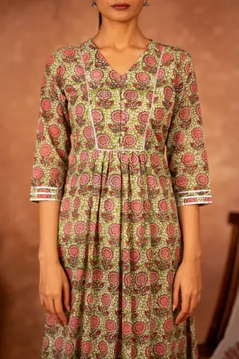green and pink hand block printed cotton salwar kameez