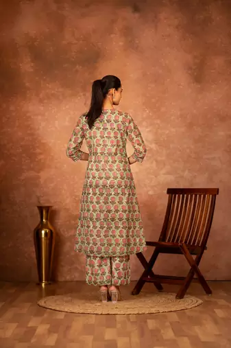 green and pink hand block printed cotton salwar kameez