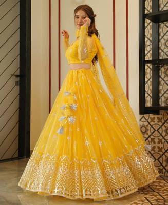 yellow embroidery net designer lehenga choli set 2