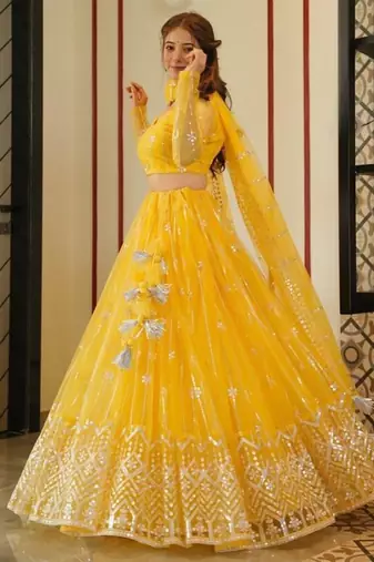 yellow embroidery net designer lehenga choli set