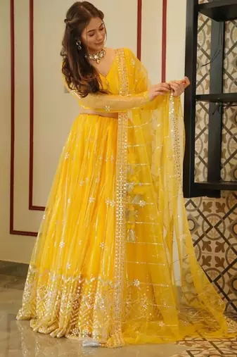 YELLOW EMBROIDERY NET STYLE LEHENGA CHOLI WITH DUPATTA