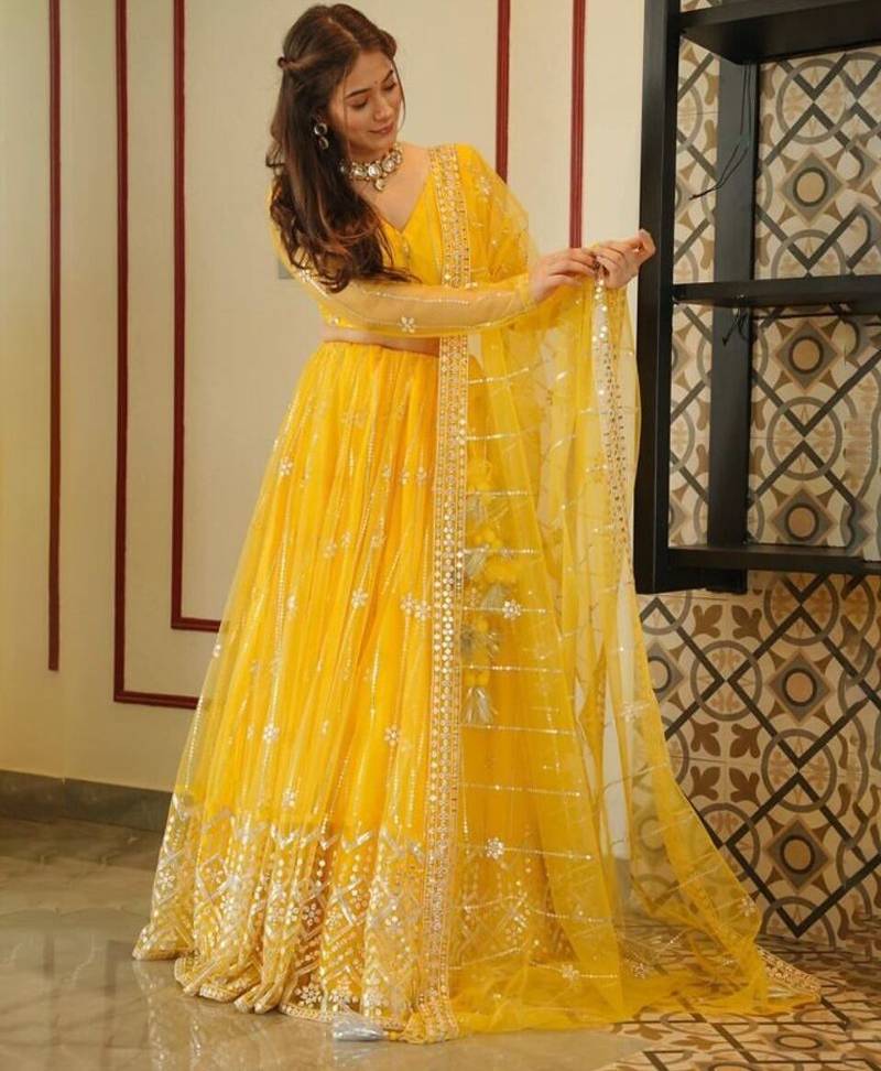 YELLOW EMBROIDERY NET STYLE LEHENGA CHOLI WITH DUPATTA