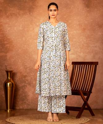 white and blue cotton salwar kameez with hand block print 2