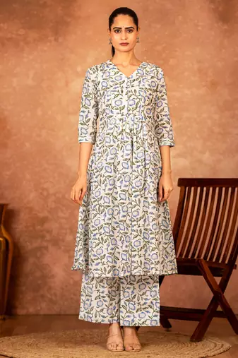 white and blue cotton salwar kameez with hand block print
