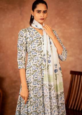 white and blue cotton salwar kameez with hand block print 3