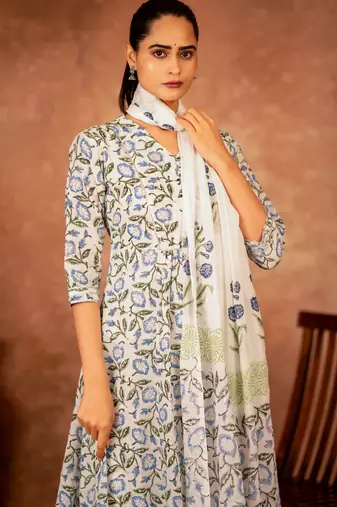 white and blue cotton salwar kameez with hand block print