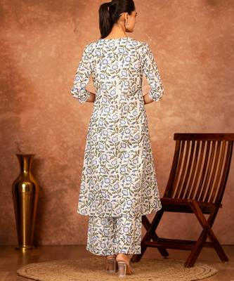 white and blue cotton salwar kameez with hand block print 4