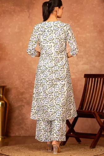 white and blue cotton salwar kameez with hand block print