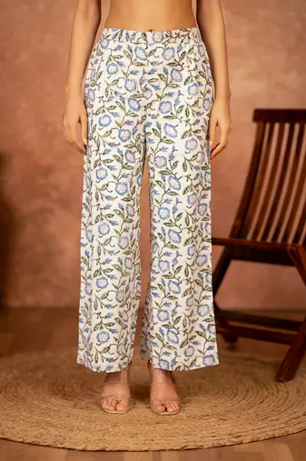 white and blue cotton salwar kameez with hand block print