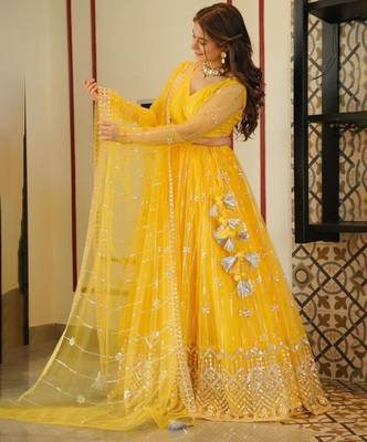 yellow embroidery net designer lehenga choli set 3