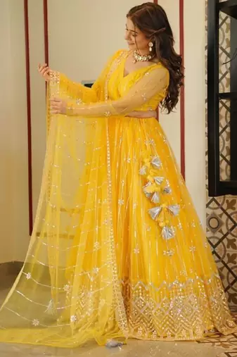 yellow embroidery net designer lehenga choli set