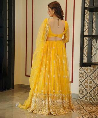yellow embroidery net designer lehenga choli set 4