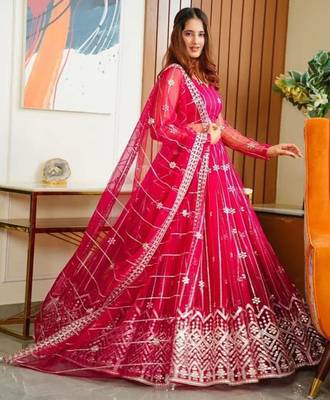pink embroidery net designer lehenga choli set 1