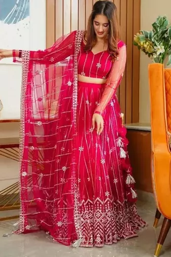 pink embroidery net designer lehenga choli set