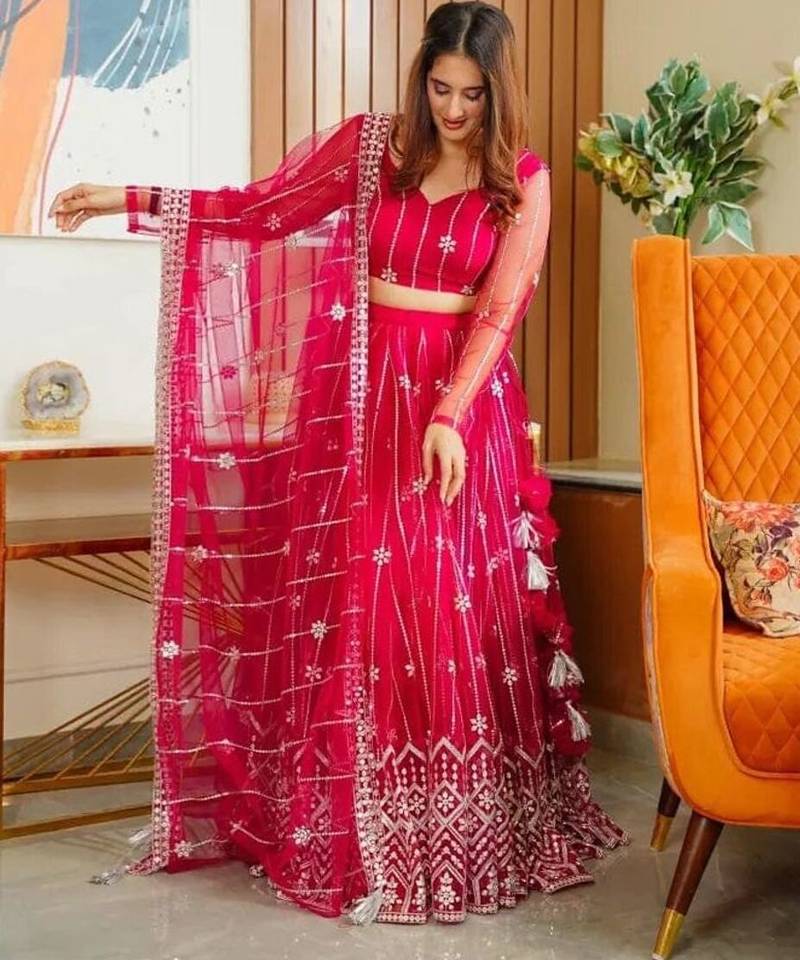 PINK EMBROIDERY NET STYLE LEHENGA CHOLI WITH DUPATTA