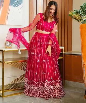 pink embroidery net designer lehenga choli set 3