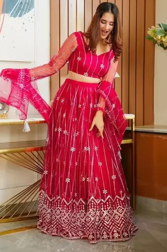 pink embroidery net designer lehenga choli set
