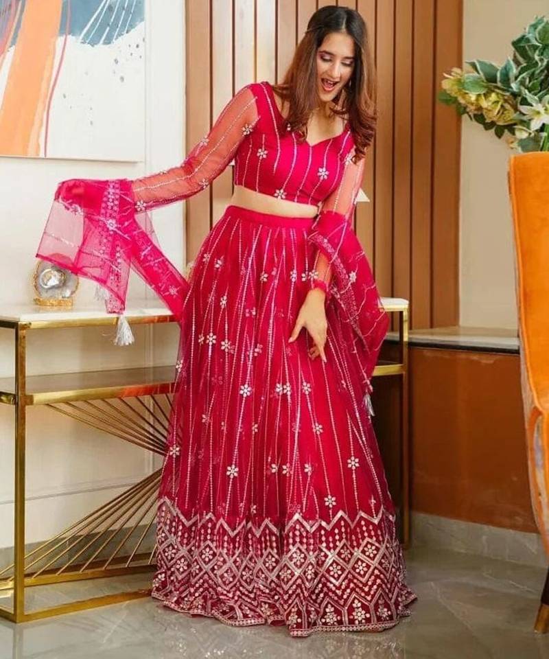 PINK EMBROIDERY NET STYLE LEHENGA CHOLI WITH DUPATTA