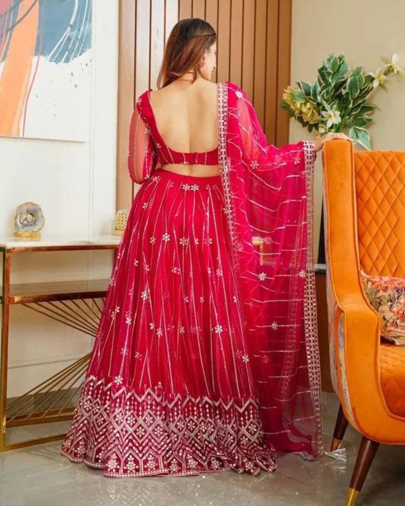 PINK EMBROIDERY NET STYLE LEHENGA CHOLI WITH DUPATTA