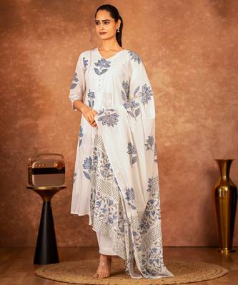 off white cotton salwar kameez with blue hand block print 2