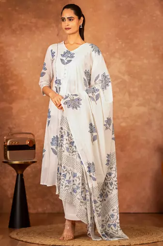 off white cotton salwar kameez with blue hand block print