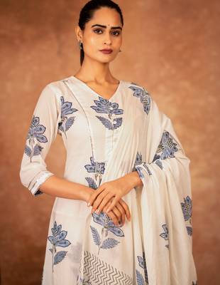 off white cotton salwar kameez with blue hand block print 3