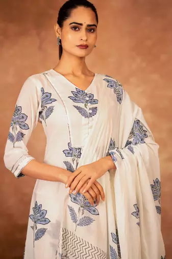 off white cotton salwar kameez with blue hand block print