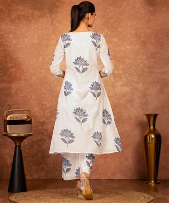 off white cotton salwar kameez with blue hand block print 4