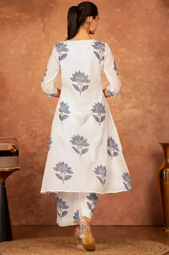 off white cotton salwar kameez with blue hand block print