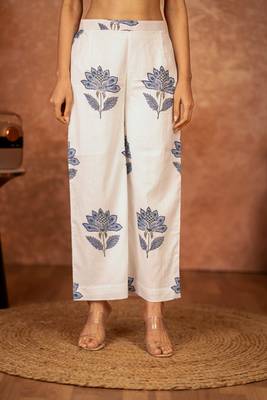 off white cotton salwar kameez with blue hand block print 5