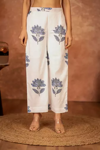 off white cotton salwar kameez with blue hand block print