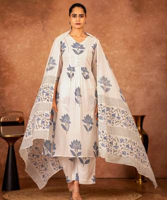 off white cotton salwar kameez with blue hand block print 6