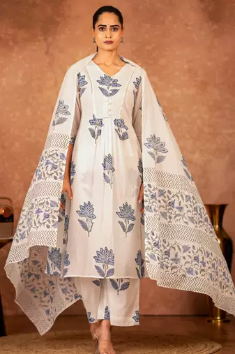 off white cotton salwar kameez with blue hand block print