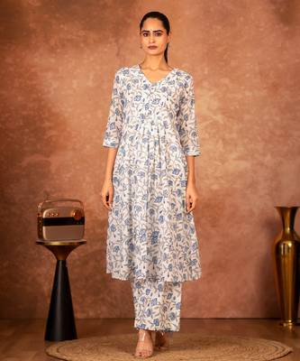 blue and white hand block printed cotton salwar kameez 2