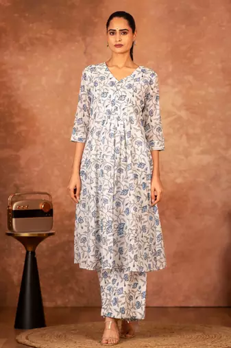 blue and white hand block printed cotton salwar kameez