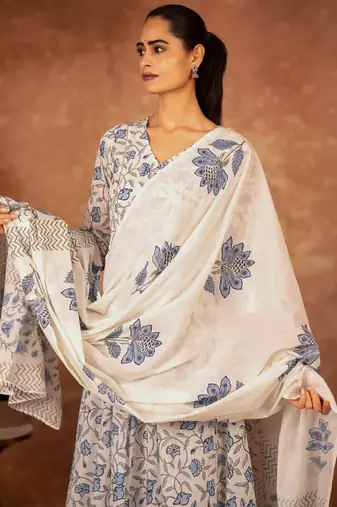 blue and white hand block printed cotton salwar kameez