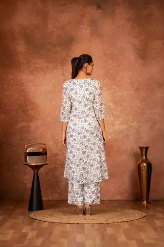 blue and white hand block printed cotton salwar kameez