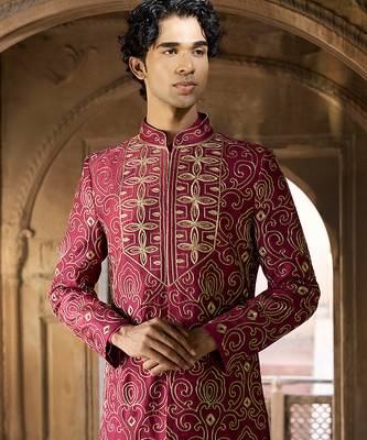 Maroon embroidered rawsilk sherwani 1