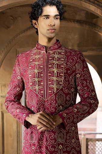 Maroon embroidered rawsilk sherwani