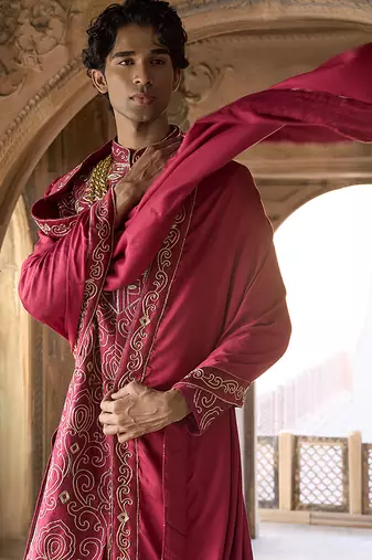 Maroon embroidered rawsilk sherwani