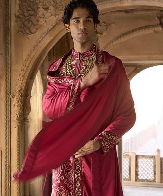 Maroon embroidered rawsilk sherwani 3