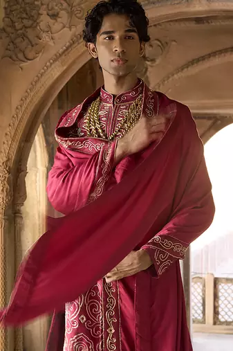 Maroon embroidered rawsilk sherwani