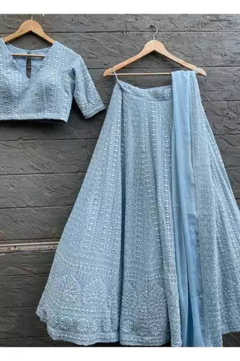 SKYBLUE EMBROIDERY GEORGETTE PREMIUM LEHENGA CHOLI WITH DUPATTA