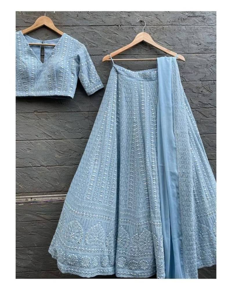 SKYBLUE EMBROIDERY GEORGETTE PREMIUM LEHENGA CHOLI WITH DUPATTA