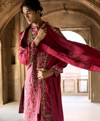 Maroon embroidered rawsilk sherwani 4