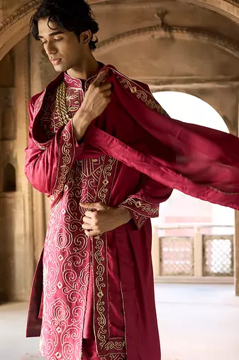 Maroon embroidered rawsilk sherwani